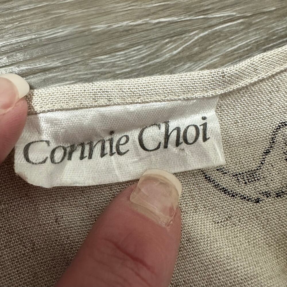 Vintage 90s Connie Choy Safari Animal Print Midi Dress Rayon Linen Tie Waist S M - Picture 3 of 16